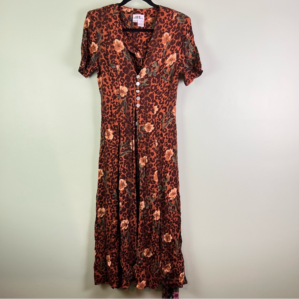 VTG 90s JBS Ltd Sz 6 Capiz Buttons Cheetah Animal Print Short Sleeve Maxi Dress